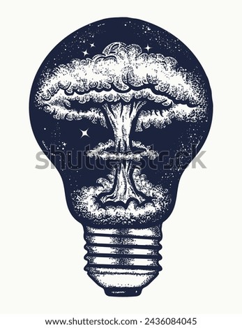 Atomic explosion in a light bulb tattoo.  Symbol of stress, aggression, tension, protest. Psychological creative t-shirt design concept