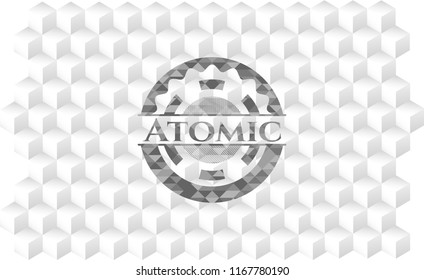 Atomic grey badge with geometric cube white background