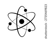Atomic icon. Black neutron atom logo isolated on a blank background. Nuclear atoms. Core icon. Orbital rotation. The symbol of the proton nucleus. Vector illustration