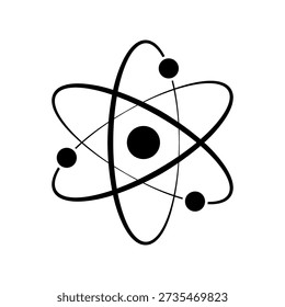 Ícone atômico. Logotipo de átomo de nêutrons preto isolado em um fundo em branco. Átomos nucleares. Ícone do núcleo. Rotação orbital. O símbolo do núcleo de prótons. Ilustração vetorial