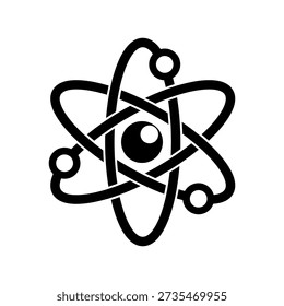 Ícone atômico. Logotipo de átomo de nêutrons preto isolado em um fundo em branco. Átomos nucleares. Ícone do núcleo. Rotação orbital. O símbolo do núcleo de prótons. Ilustração vetorial
