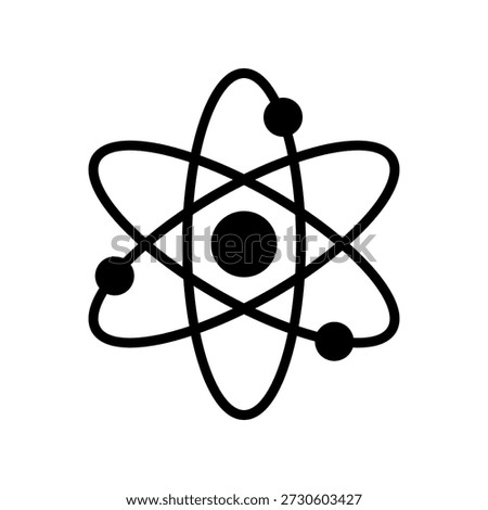Atomic icon. Black neutron atom logo isolated on a blank background. Nuclear atoms. Core icon. Orbital rotation. The symbol of the proton nucleus. Vector illustration