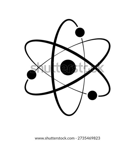Atomic icon. Black neutron atom logo isolated on a blank background. Nuclear atoms. Core icon. Orbital rotation. The symbol of the proton nucleus. Vector illustration