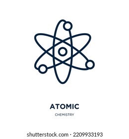 Atomsymbol aus der Chemiesammlung. Dünne lineare Atome, Energie, Stromkreiszeichen, Symbol einzeln auf weißem Hintergrund. Linear-Vektoratomzeichen, Symbol für Web und Mobile