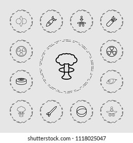Atomic icon. collection of 13 atomic outline icons such as atom, radiation, nuclear explosion, rocket bomb, smoke bomb. editable atomic icons for web and mobile.