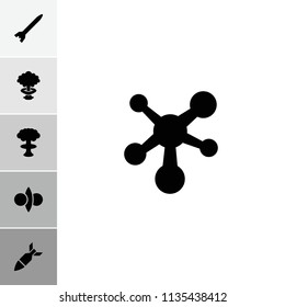 Atomic icon. collection of 6 atomic filled icons such as atom, rocket bomb, nuclear explosion. editable atomic icons for web and mobile.