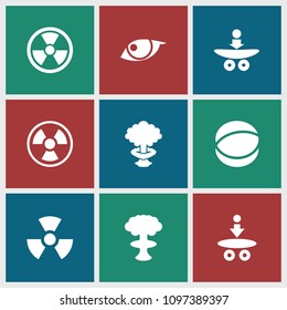 Atomic icon. collection of 9 atomic filled icons such as atom, radiation. editable atomic icons for web and mobile.