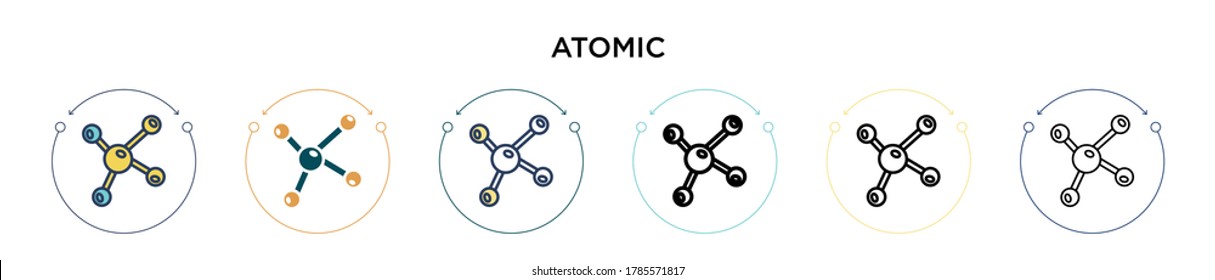 Atomic icon in filled, thin line, outline and stroke style. Vector illustration of two colored and black atomic vector icons designs can be used for mobile, ui, web