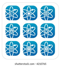 Atomic Icons with fun and funky symbols. Easy-edit file.