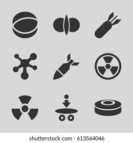 Atomic icons set. set of 9 atomic filled icons such as atom, rocket bomb, radiation, smoke bomb