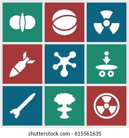 Atomic icons set. set of 9 atomic filled icons such as atom, rocket bomb, radiation, atom fusion