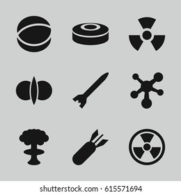Atomic icons set. set of 9 atomic filled icons such as atom, rocket bomb, radiation, smoke bomb, atom fusion