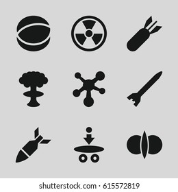 Atomic icons set. set of 9 atomic filled icons such as atom, rocket bomb, atom fusion, radiation