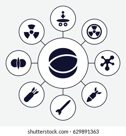 Atomic icons set. set of 9 atomic filled icons such as atom, rocket bomb, radiation