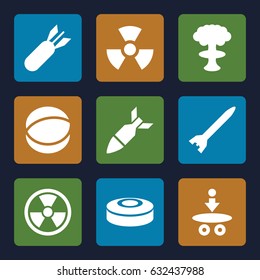 Atomic icons set. set of 9 atomic filled icons such as atom, rocket bomb, radiation, smoke bomb