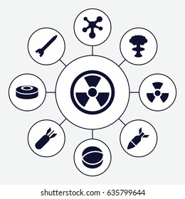 Atomic icons set. set of 9 atomic filled icons such as atom, rocket bomb, radiation, smoke bomb