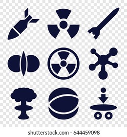 Atomic icons set. set of 9 atomic filled icons such as atom, rocket bomb, radiation, atom fusion