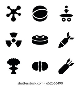 Atomic icons set. set of 9 atomic filled icons such as atom, rocket bomb, radiation, smoke bomb, atom fusion