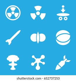 Atomic icons set. set of 9 atomic filled icons such as atom, rocket bomb, radiation, atom fusion