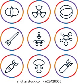 Atomic icons set. set of 9 atomic outline icons such as atom, rocket bomb, radiation, atom fusion