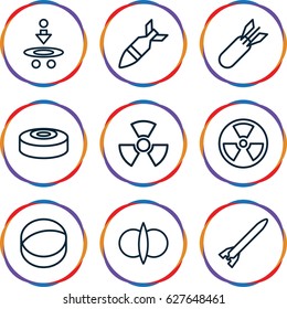 Atomic icons set. set of 9 atomic outline icons such as atom, rocket bomb, radiation, smoke bomb