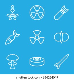 Atomic icons set. set of 9 atomic outline icons such as rocket bomb, radiation, smoke bomb, atom fusion, atom