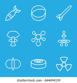 Atomic icons set. set of 9 atomic outline icons such as atom, rocket bomb, radiation, smoke bomb, atom fusion