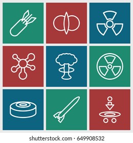 Atomic icons set. set of 9 atomic outline icons such as atom, rocket bomb, radiation, smoke bomb, atom fusion