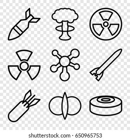 Atomic icons set. set of 9 atomic outline icons such as atom, rocket bomb, radiation, smoke bomb, atom fusion