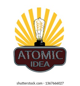 Atomic Idea t-shirt Design, vintage illustration old type light bulb on explosion background. vector.