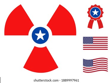Icono del logotipo atómico en colores azul y rojo con estrellas. El estilo de ilustración del logo atómico usa los colores oficiales estadounidenses de los partidos políticos demócratas y republicanos, y formas estelares.