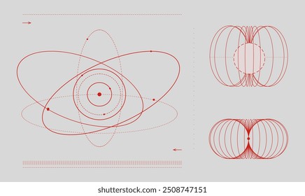 Modelo atômico com elétrons orbitando o núcleo em trajetórias elípticas, acompanhado de representações visuais de campos magnéticos. Ciência. Estética moderna, arte minimalista. Design vetorial, cartaz