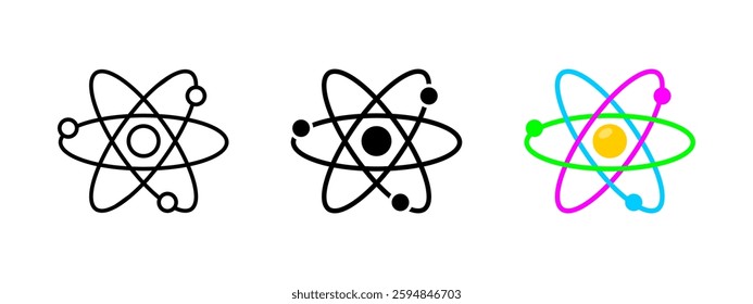 Atomic model icon. Science and physics symbol. Molecular structure. Chemistry and energy vector illustration. Electron orbit and nucleus pictogram. Scientific research and quantum mechanics concept.