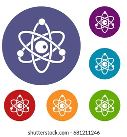 Atomic model icons set in flat circle red, blue and green color for web