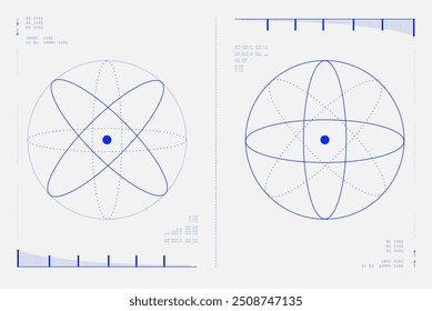 Modelos atômicos e orbitais de elétrons, visualizando estruturas e mecânica quântica com foco em órbitas atômicas. Ciência. Estética moderna, arte minimalista. Design vetorial para capa, cartaz e anúncio