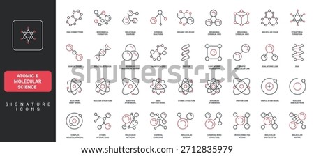 Atomic and molecular science icon set showing atom nucleus, electrons, chemical molecules, DNA chains, proteins, and biological compounds thin black and red line vector illustration.