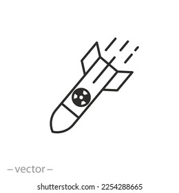 icono de la bomba atómica o nuclear, ataque de cohetes, símbolo de línea delgada sobre fondo blanco - ilustración de vector de trazo editable