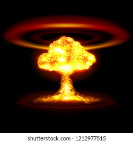Atomic, Nuclear, or Hydrogen Bomb Realistic Explosion Causing Shock Waves in Yellow Color on Black Background for Game Design