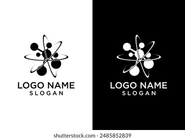 Icono de estructura de núcleo atómico logo diseño de Vector. Alrededor de átomos, ondas gamma, protones, neutrones y electrones.