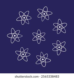 Atomic orbit symbols. White outlines on blue. Scientific vector pattern. Molecular background design.