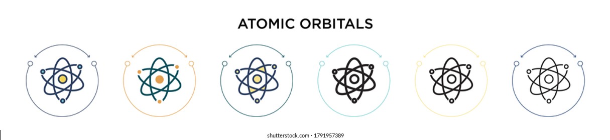 Atomic orbitals icon in filled, thin line, outline and stroke style. Vector illustration of two colored and black atomic orbitals vector icons designs can be used for mobile, ui, web