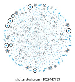 Atomic Physics fireworks globula. Object pattern organized from random atomic physics icons as exploding spheric cluster. Vector illustration style is flat iconic symbols.