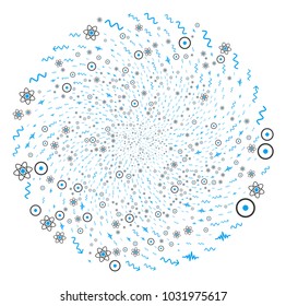 Atomic Physics swirl explosion. Object twirl combined from scatter atomic physics items. Vector illustration style is flat iconic symbols.
