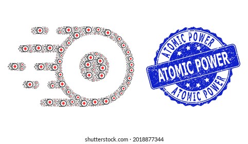 Atomic Power unklare Rundstempeldichtung und Vektorfraktaler Mosaikkernflug. Das blaue Stempelsiegel enthält den Titel Atomic Power in runder Form. Vektormosaik besteht aus rekursiven Kernflugsymbolen.