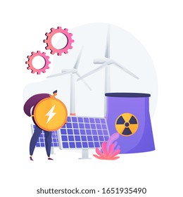 Reactor atómico, molino de viento y batería solar, producción de energía. Planta de energía nuclear, proceso de fisión atómica. Recibiendo metáfora de carga eléctrica. Ilustración de metáfora de concepto aislado por vectores.