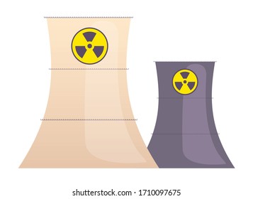 Atomic reactors cartoon vector illustration. Industrial manufacturing plant constructions flat color objects. Power station cooling chimneys isolated on white background. Nuclear energy generation