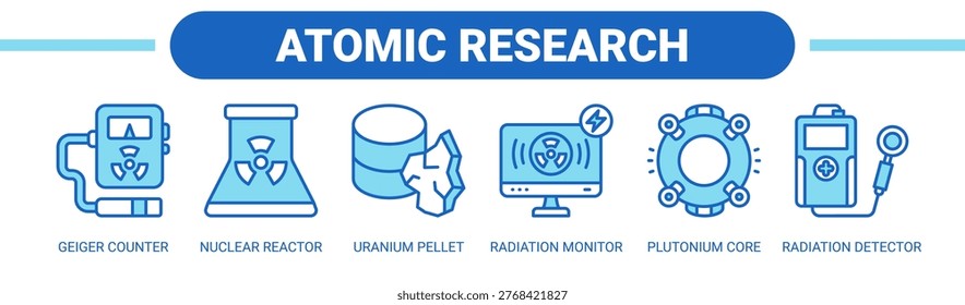 Atomic Research web banner icon vector illustration concept with icons of geiger counter, nuclear reactor, uranium pellet, radiation monitor, plutonium core, and radiation detector.