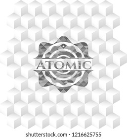 Atomic retro style grey emblem with geometric cube white background