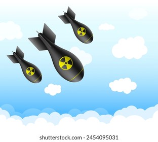 Bomba de aire de cohete atómico. Bombas atómicas cayendo en el cielo, riesgo de guerra nuclear. Conjunto de bomba atómica nuclear aislado sobre un fondo blanco. Ilustración vectorial