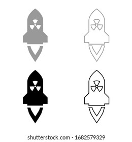 Atomic rocket flying Nuclear missile weapons Radioactive bomb Military concept icon outline set black grey color vector illustration flat style image